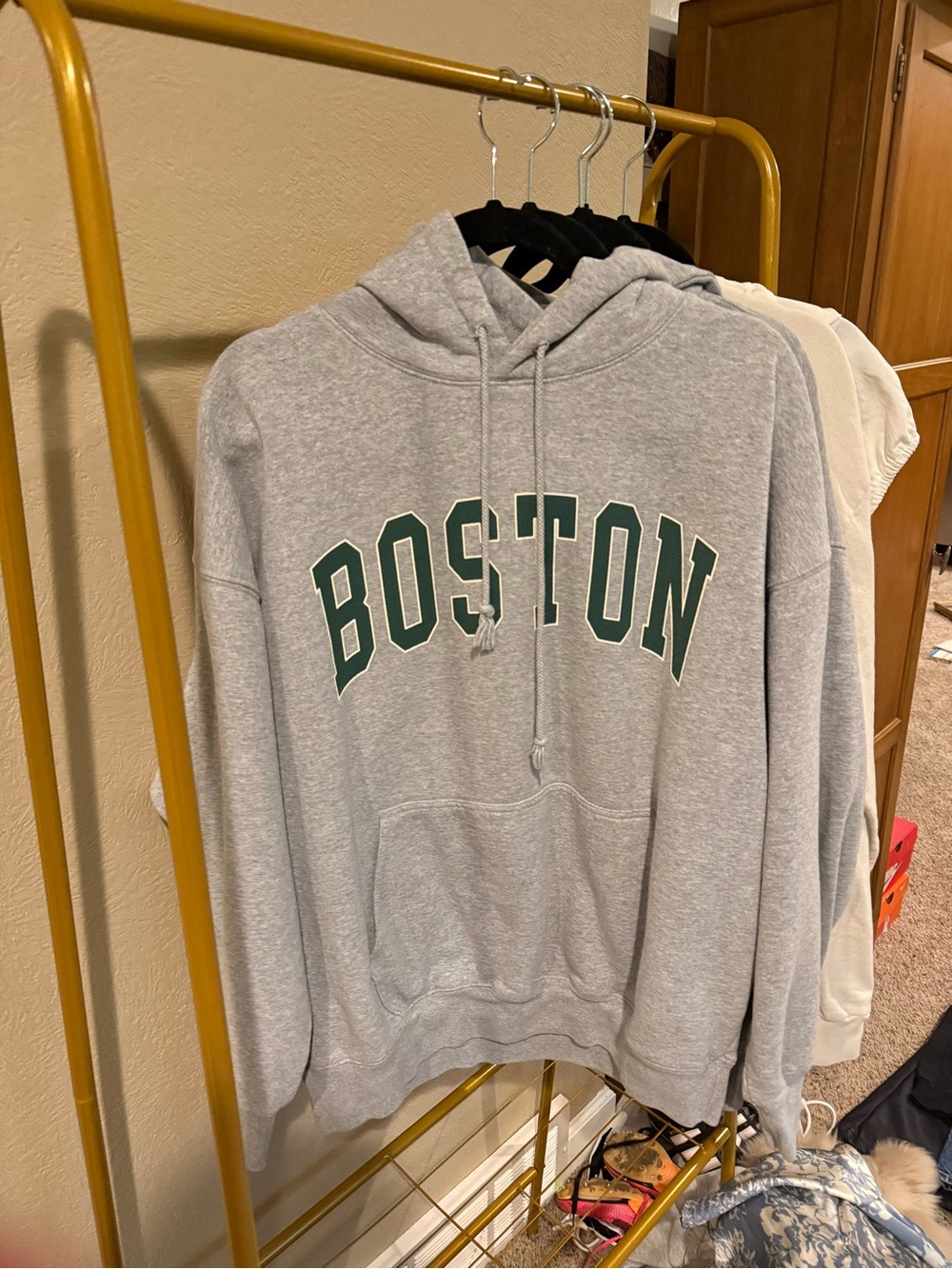 Brandy Melville Gray Hoodie with Green "BOSTON" Arch Logo